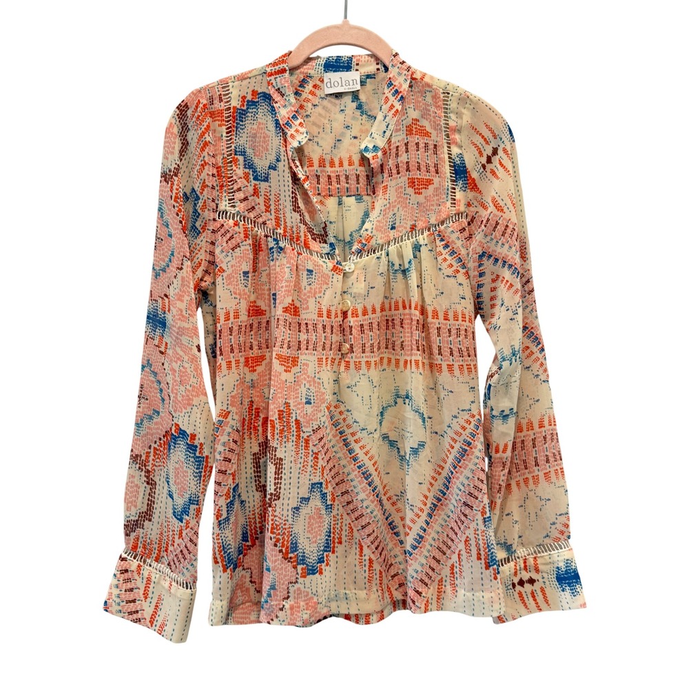 Dolan Left Coast Blouse Womens XS Multi Color Geometric Lace Trim Boho Henley